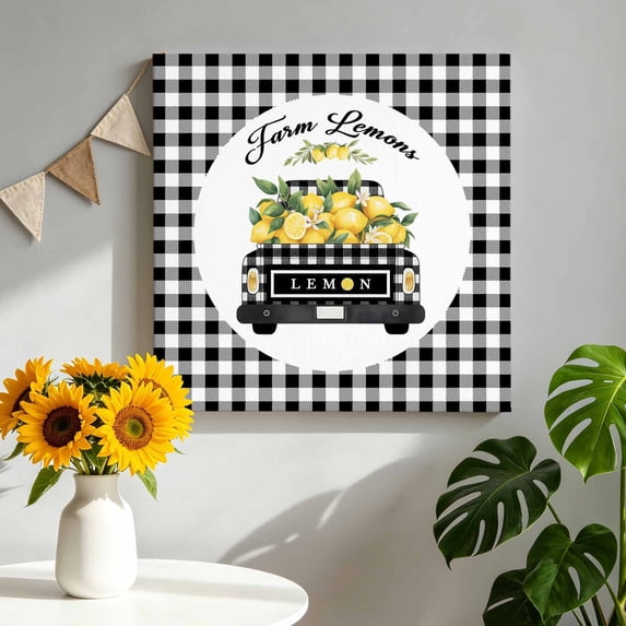 Canvas Wall Art Farm Lemons Canvas Art Print Black and White Buffalo Plaid Lemon Truck Summer Pictures Wall Decor for Living Room Bedroom Artwork Decorations Stretched Framed Ready to Hang 12"x12"