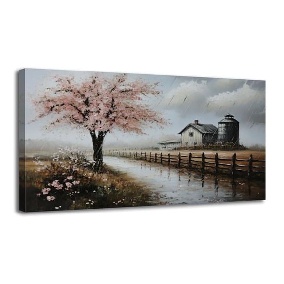 Canvas Wall Art Farm Rain Showers Inspirational Folk Art Cherry Blossom Tree Rural Wall Decor for Living Room Bathroom Bedroom Office 20" x 40" Art Paintings, Ready to Hang