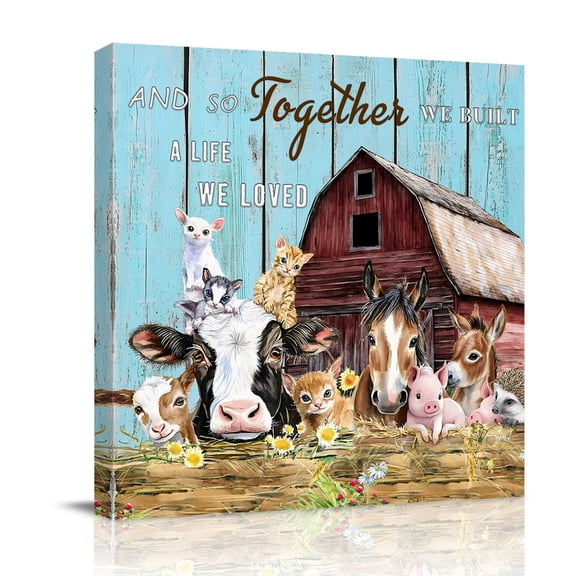 Canvas Wall Art, Farmhouse Animals Framed Canvas Prints for Bathroom Desk, Pig Cow Retro Farm Blue Wood Grain Small Gallery Wrapped Wall Decor for Home Office, Gifts, 8"x8" Ship Next Day
