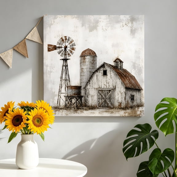 Canvas Wall Art Farmhouse Barn Canvas Art Print Vintage Country Rust Windmill Fence Field Pictures Wall Decor for Living Room Bedroom Artwork Decorations Stretched Framed Ready to Hang 8"x8"