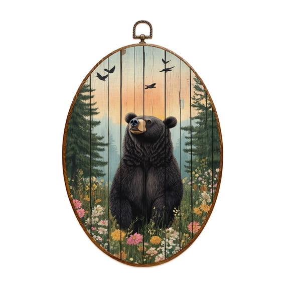 Canvas Wall Art Farmhouse Bear Wildlife Rustic Wildflower Brown Bear Wildflowers Pine Oval Framed Canvas Prints Vintage Wall Hanging Decor for Home Office Nursery Family Gift 8.6"x11.4"