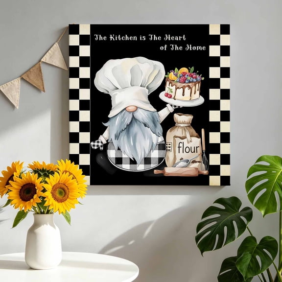 Canvas Wall Art Farmhouse Chef Canvas Art Print Gnome Cake Dessert Maker Black White Plaid Pictures Wall Decor for Living Room Bedroom Artwork Decorations Stretched Framed Ready to Hang 8"x8"