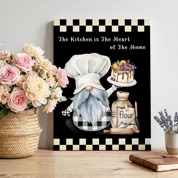 Canvas Wall Art Farmhouse Chef Canvas Art Print Gnome Cake Dessert Maker Black White Plaid Pictures Wall Decor for Living Room Bedroom Artwork Decorations Stretched Framed Ready to Hang 8"x10"