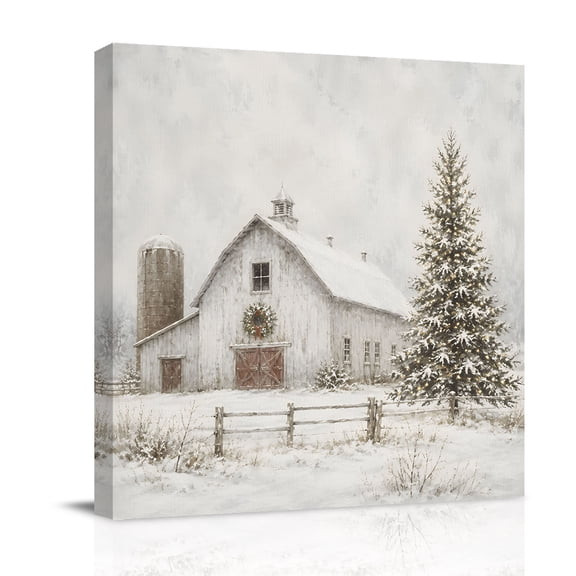 Canvas Wall Art, Farmhouse Christmas Framed Canvas Prints for Bathroom Desk, Winter Barn Xmas Pine Trees Country Small Gallery Wrapped Wall Decor for Home Office, Gifts, 8"x8" Ship Next Day