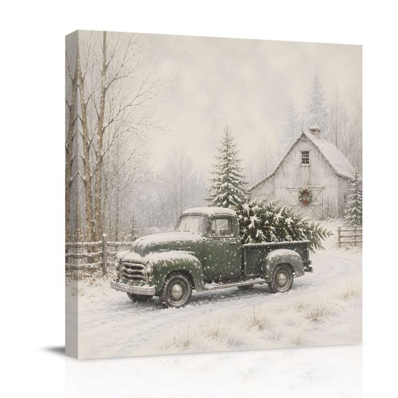 Canvas Wall Art, Farmhouse Christmas Framed Canvas Prints for Bathroom Desk, Winter Truck Xmas Pine Tree Barn Small Gallery Wrapped Wall Decor for Home Office, Gifts, 8"x8" Ship Next Day