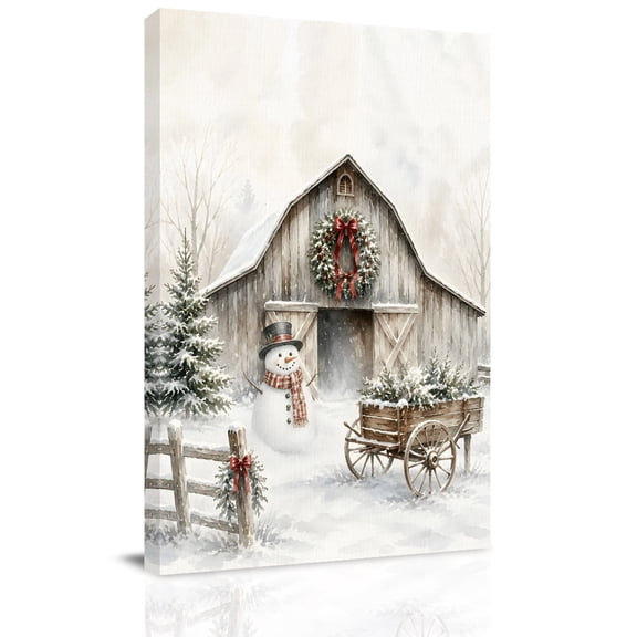 Canvas Wall Art, Farmhouse Christmas Framed Canvas Prints for Living Room Bedroom, Xmas Tree Barn Snowman Winter Rustic Extra Large Gallery Wrapped Wall Decor for Home Office, Gifts, 24"x36"