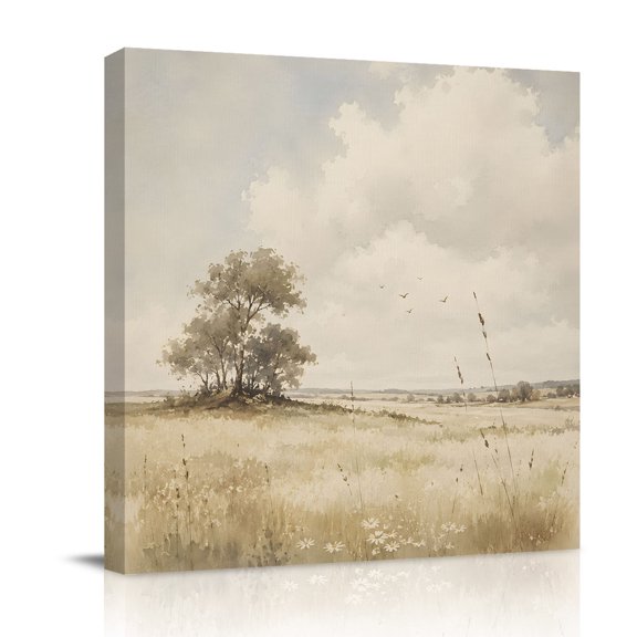 Canvas Wall Art, Farmhouse Grassland Framed Canvas Prints for Bathroom Desk, Country Trees Pastoral Natural Scenery Small Gallery Wrapped Wall Decor for Home Office, Gifts, 8"x8" Ship Next Day