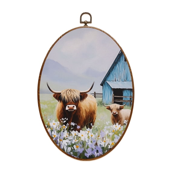 Canvas Wall Art Farmhouse Highland Cow Country Hallway Highland Cows Blue Barn Oval Framed Canvas Prints Vintage Wall Hanging Decor for Office Kitchen Bathroom Gifts For Women 8.6"x11.4"