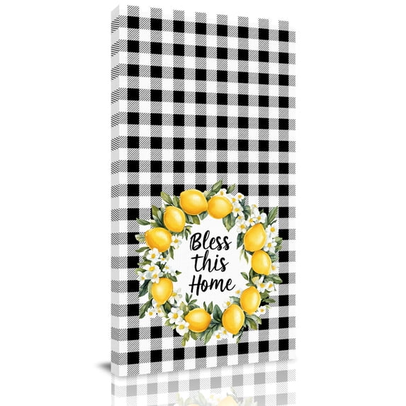 Canvas Wall Art, Farmhouse Lemon Framed Canvas Prints for Hallway Bedroom, Bless Home Summer Black Buffalo Plaid Oversized Gallery Wrapped Wall Decor for Home Office, Gifts, 24"x48" Ship Next Day