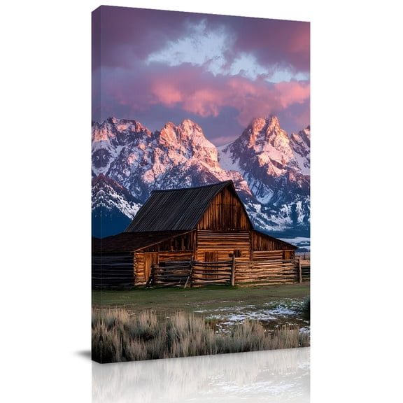 Canvas Wall Art, Farmhouse Nature Framed Canvas Prints for Bathroom Hallway, Mountains Cabins Landscape Purple Small Gallery Wrapped Wall Decor for Home Office, Gifts, 8"x10" Ship Next Day