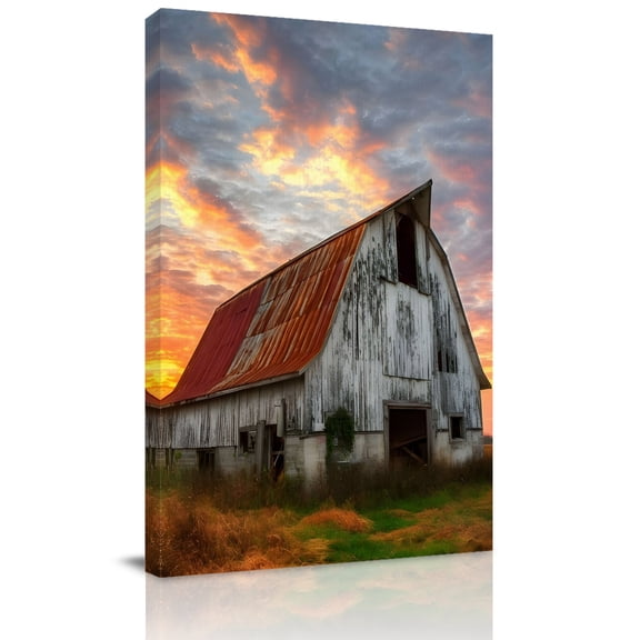 Canvas Wall Art, Farmhouse Orange Gold Framed Canvas Prints for Kitchen Bedroom, Country Vintage Shabby Barn Small Gallery Wrapped Wall Decor for Home Office, Gifts, 8"x12" Ship Next Day