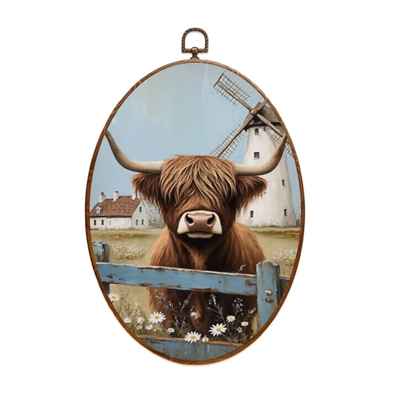Canvas Wall Art Farmhouse Scottish Highland Cow Country Farm Ranch Highland Cow Oval Framed Canvas Prints Vintage Wall Hanging Decor for Office Kitchen Bathroom Gifts For Women 8.6"x11.4"
