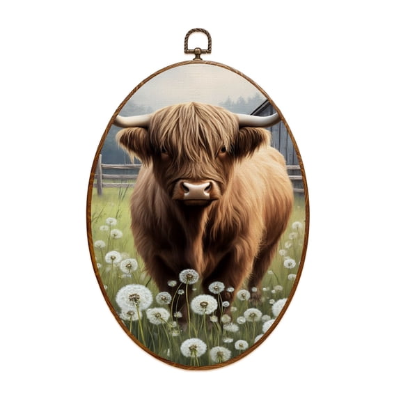 Canvas Wall Art Farmhouse Teal Brown Rustic Cow Dandelion Animal Highland Cow Oval Framed Canvas Prints Vintage Wall Hanging Decor for Office Kitchen Bathroom Gifts For Women 8.6"x11.4"