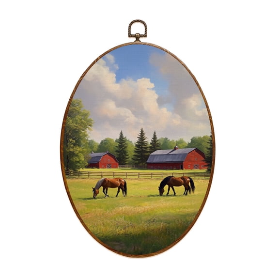 Canvas Wall Art Fence Horse York Stables Barn Multicolor Horses Red Barn Pasture Trees Oval Framed Canvas Prints Vintage Wall Hanging Decor for Home Office Decorations 8.6"x11.4"