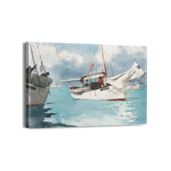 Canvas Wall Art - Fishing Boats by Winslow Homer Classic Artwork Picture Print with Framed Famous Watercolor Painting Hang for Home Office Bedroom Living Room Wall Decor-18" X12"
