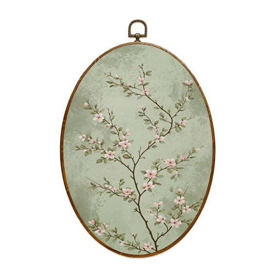 Canvas Wall Art Floral Flower Tree Modern Sage Green Decorative Floral Branches Cherry Oval Framed Canvas Prints Vintage Wall Hanging Decor for Home Office Decorations 8.6"x11.4"