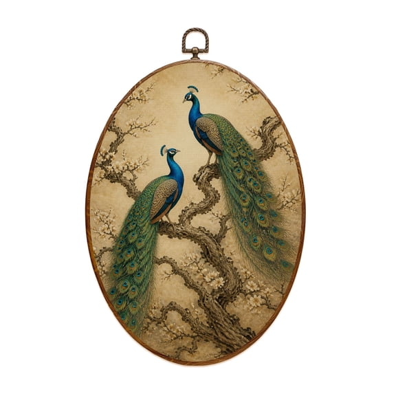 Canvas Wall Art Floral Vintage Green Peacock Bathroom Decor Geometric Birds Abstract Oval Framed Canvas Prints Vintage Wall Hanging Decor for Home Decorations 8.6"x11.4"