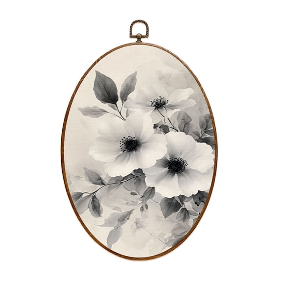 Canvas Wall Art Floral Watercolor Flowers Cream Modern Decorative Flowers Leaves Oval Framed Canvas Prints Vintage Wall Hanging Decor for Home Office Decorations 8.6"x11.4"