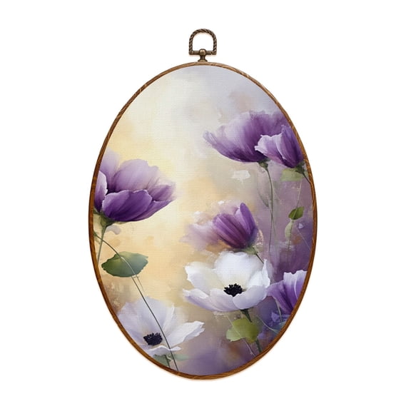 Canvas Wall Art Floral White Purple Leaf Boho Purple Flowers Green Stems Petals Leaves Oval Framed Canvas Prints Vintage Wall Hanging Decor for Home Office Decorations 8.6"x11.4"