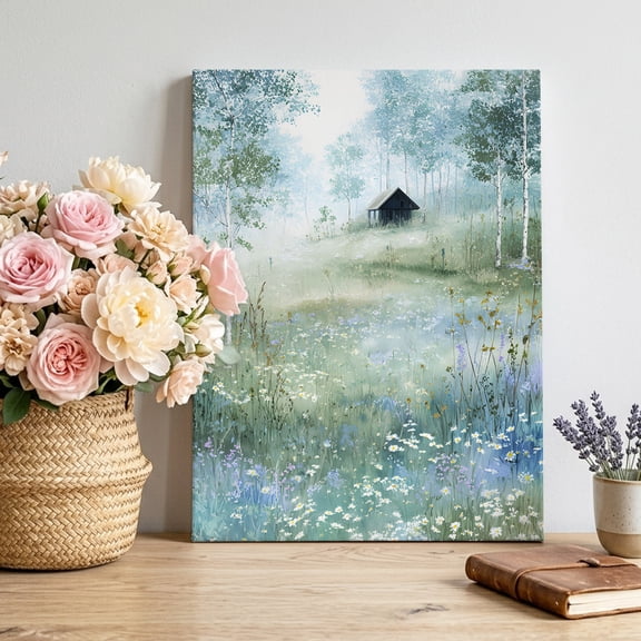 Canvas Wall Art Flowerbed Cabin Canvas Art Print Watercolor Spring Field Colored Floral Pictures Wall Decor for Living Room Bedroom Artwork Decorations Stretched Framed Ready to Hang 12"x16"