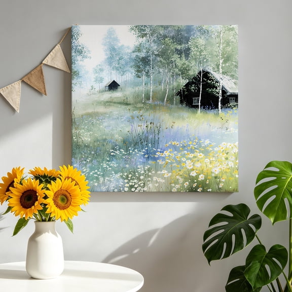 Canvas Wall Art Flowerbed Cabin Canvas Art Print Watercolor Spring Field Colored Floral Pictures Wall Decor for Living Room Bedroom Artwork Decorations Stretched Framed Ready to Hang 8"x8"