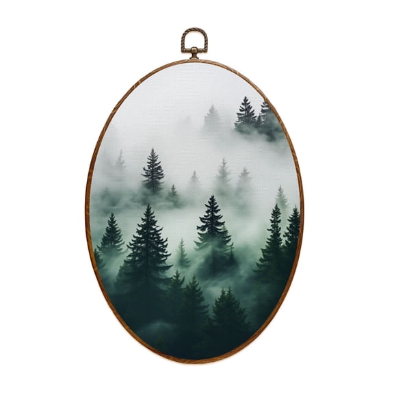 Canvas Wall Art Fog Forest Foggy Forest Tall Pine Trees Mystic Atmosphere Layered Oval Framed Canvas Prints Vintage Wall Hanging Decor for Home Office Decorations 8.6"x11.4"