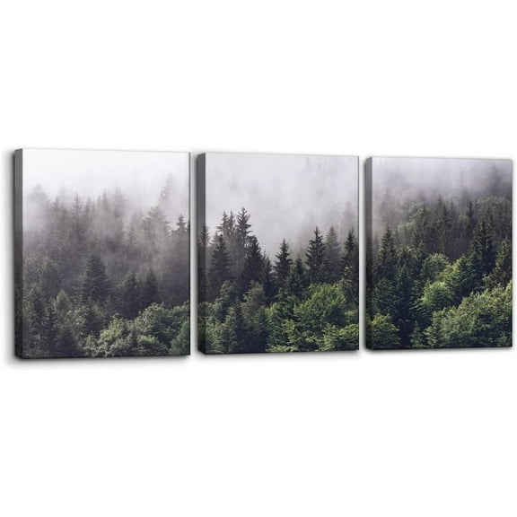 Canvas Wall Art Fog Over Pine Tree Forest Nature Wilderness Photography Modern Art Rustic Landscape Relax/Calm Cool for Wall Decor Giclee Artwork Stretch Framed Ready to Hang - 12"x16"x3
