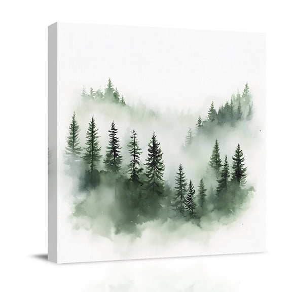 Canvas Wall Art, Foggy Forest Framed Canvas Prints for Bathroom Desk, Green Mist Mountain Natural Landscape Small Gallery Wrapped Wall Decor for Home Office, Gifts, 8"x8" Ship Next Day
