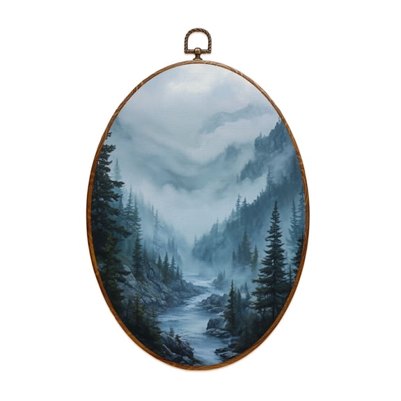 Canvas Wall Art Foggy Forest Tree Mountain Mountains Fog Pine Trees River Rocky Oval Framed Canvas Prints Vintage Wall Hanging Decor for RV Wall Campsite Decor 8.6"x11.4"