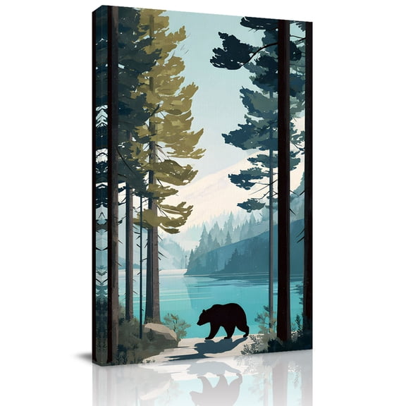 Canvas Wall Art, Forest Bear Cabin Framed Canvas Prints for Bathroom Hallway, Lake Snow Mountain Trees Small Gallery Wrapped Wall Decor for Home Office, Gifts, 8"x10" Ship Next Day