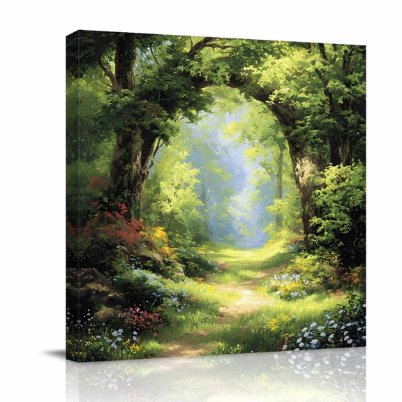 Canvas Wall Art, Forest Framed Canvas Prints for Bathroom Desk, Nature Woodland Spring Scenic Green Trees Flower Small Gallery Wrapped Wall Decor for Home Office, Gifts, 8"x8" Ship Next Day