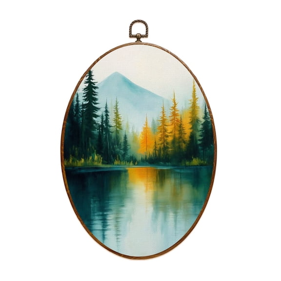 Canvas Wall Art Forest Landscape Mountain Reflection Evergreen Trees Reflected Forest Oval Framed Canvas Prints Cottagecore Wall Hanging Decor for Home Office Gift 8.6"x11.4"