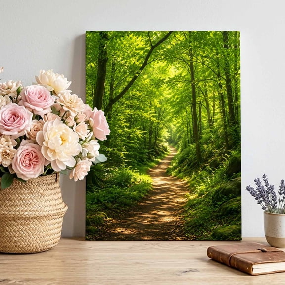 Canvas Wall Art Forest Path Canvas Art Print Summer Green Foliage Ancient Trees Pictures Wall Decor for Living Room Bedroom Artwork Decorations Stretched Framed Ready to Hang 16"x24"
