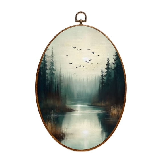 Canvas Wall Art Forest River Landscape Farmhouse Aesthetic Pine Trees Still Lake Early Oval Framed Canvas Prints Cottagecore Wall Hanging Decor for Home Office Gift 8.6"x11.4"