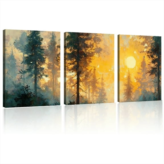 Canvas Wall Art, Forest Sunset Canvas Painting, Pine Tree Forest Wall Art, Rustic Forest Painting, Vintage Forest Wall Decor, Forest Nature Scenery Painting, Canvas Print 12*16inch*3pcs