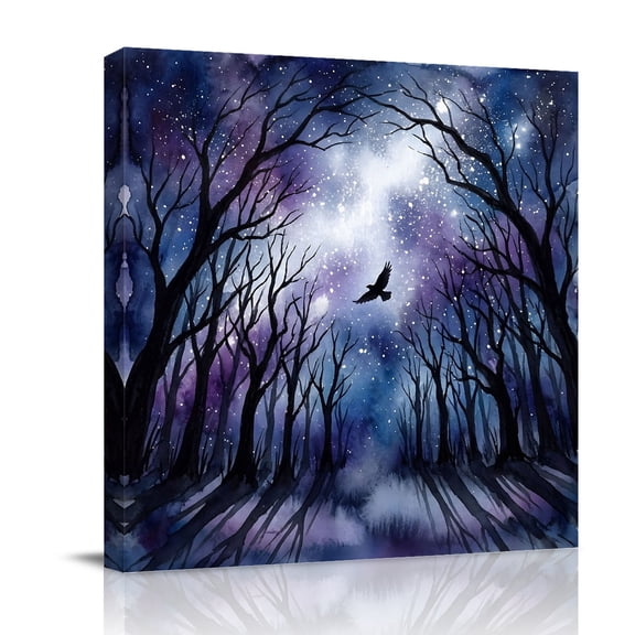Canvas Wall Art Forest Trees Canvas Art Print Mystical Moonlight Dark Black Flying Bird Pictures Wall Decor for Living Room Bedroom Artwork Decorations Stretched Framed Ready to Hang 8"x8"