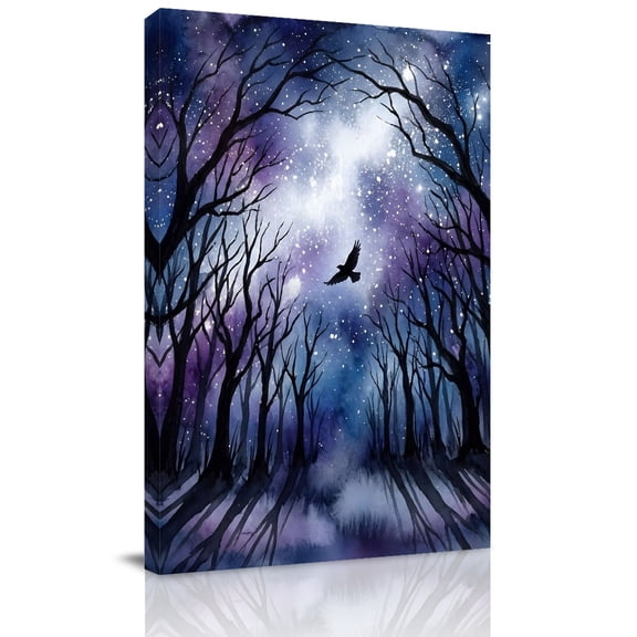 Canvas Wall Art Forest Trees Canvas Art Print Mystical Moonlight Dark Black Flying Bird Pictures Wall Decor for Living Room Bedroom Artwork Decorations Stretched Framed Ready to Hang 20"x30"