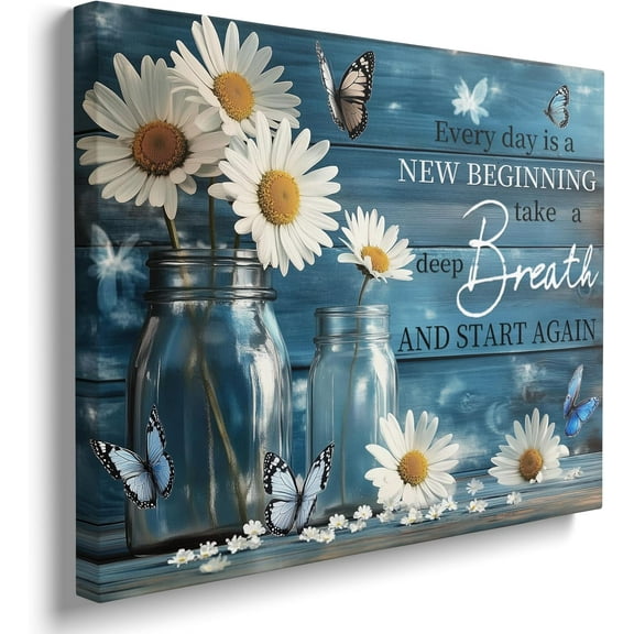 Canvas Wall Art Framed Daisy Butterfly Mason Jar Cottagecore Shabby Chic Vintage Botanical Textured Serene Calming Floral Blue Wall Decor for Bathroom Sunroom Positive Affirmation Decor