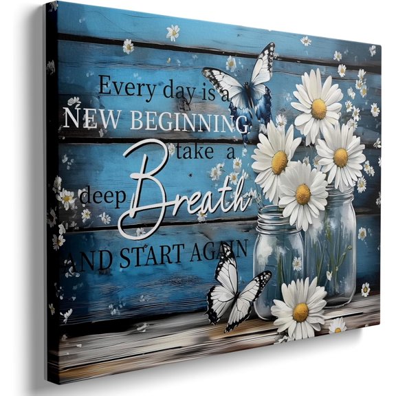 Canvas Wall Art Framed Daisy Butterfly Mason Jar Cottagecore Shabby Chic Vintage Botanical Textured Serene Calming Floral Blue Wall Decor for Bathroom Sunroom Positive Affirmation Decor
