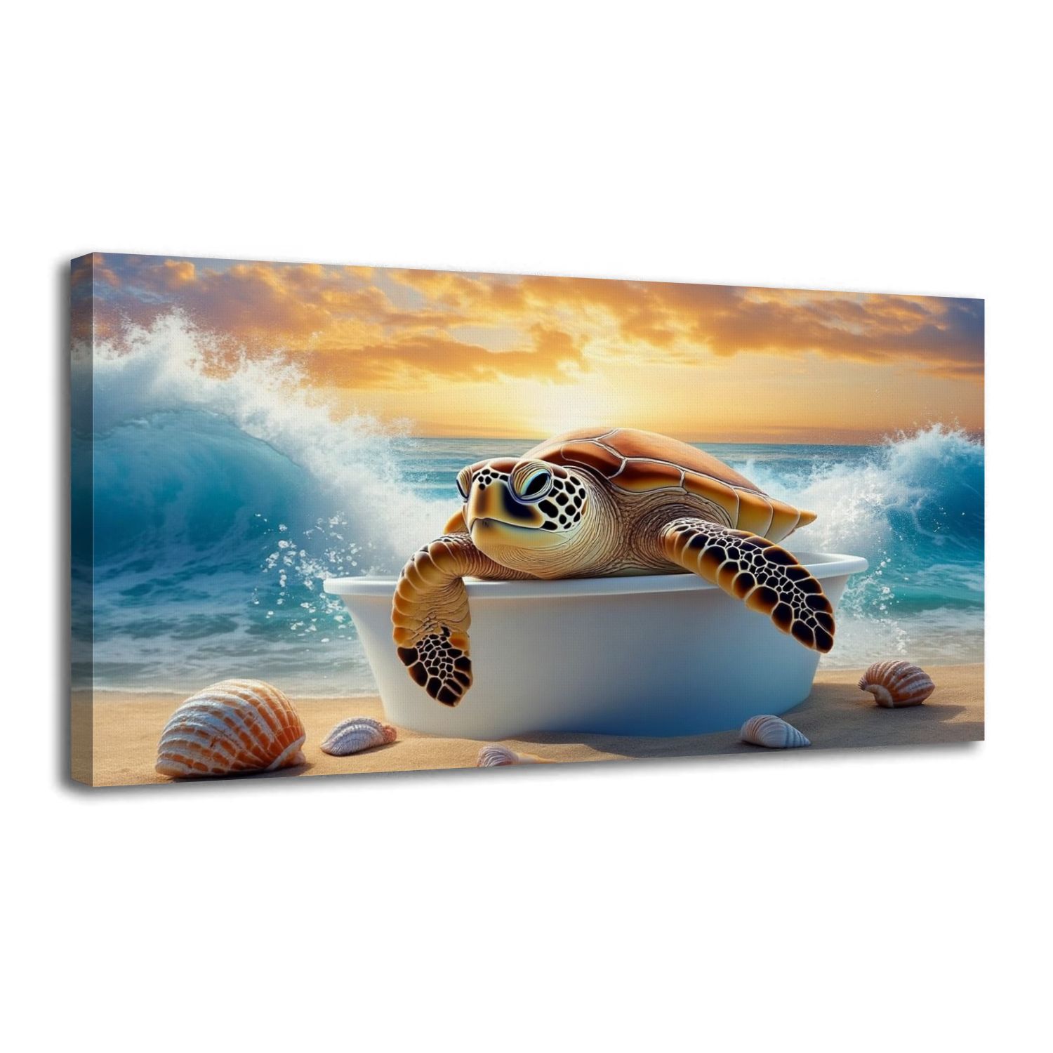 Canvas Wall Art Framed Funny Sea Turtle Bathtub Coastal Colorful Ocean ...