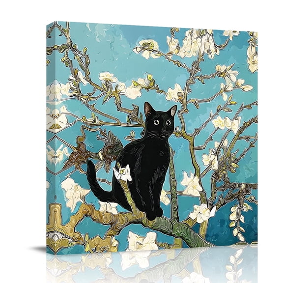 Canvas Wall Art Funny Black Cat Canvas Art Print Blossom White Floral Branches Vintage Pictures Wall Decor for Living Room Bedroom Artwork Decorations Stretched Framed Ready to Hang 8"x8"