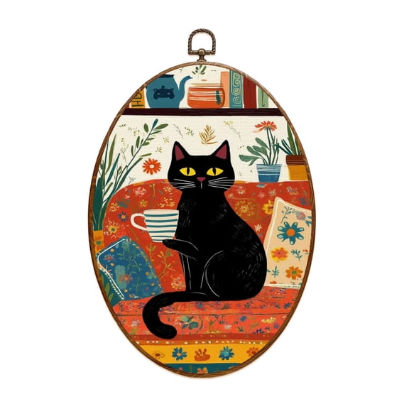Canvas Wall Art Funny Black Cat Trendy Drinking Coffee Cute Retro Cartoon Cup Floral Oval Framed Canvas Prints Vintage Wall Hanging Decor for Kitchen Home Office Cafe Station 8.6"x11.4"