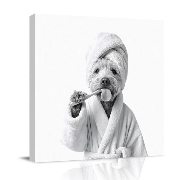 Canvas Wall Art Funny Dog Canvas Art Print The Dog Brushing Its Teeth Bathroom Pictures Wall Decor for Living Room Bedroom Artwork Decorations Stretched Framed Ready to Hang 8"x8"