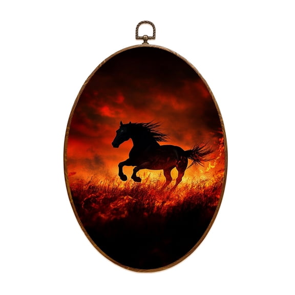 Canvas Wall Art Galloping Horse Fiery Autumn Sunset Canvas Oval Framed Canvas Prints Vintage Wall Hanging Decor for Home Bedroom Nursery Living Room 8.6"x11.4"