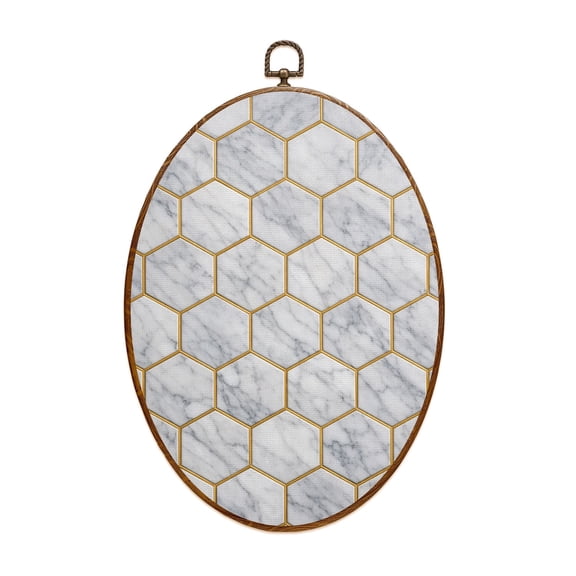 Canvas Wall Art Geometric Hexagon Hexagonal Shapes Golden Lines White Repeating Oval Framed Canvas Prints Vintage Wall Hanging Decor for Home Decorations 8.6"x11.4"