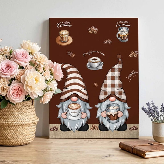 Canvas Wall Art Gnome with Hat Coffee Cup Canvas Art Print Coffee Beans Brown Background Pictures Wall Decor for Living Room Bedroom Artwork Decorations Stretched Framed Ready to Hang 12"x16"