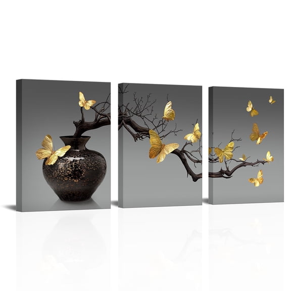 Canvas Wall Art Gold Butterflies Tree Branch in the Vase Pictures Wall Decor Framed Artwork Paintings Home Office Decorations 12"x16"x3 Pcs