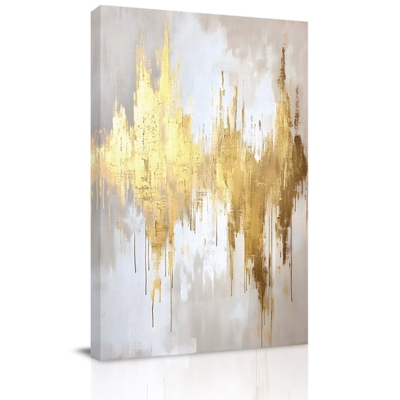 Canvas Wall Art, Gold Grey Framed Canvas Prints for Bathroom Hallway, Abstract Contemporary Square Graffiti Smear Art Small Gallery Wrapped Wall Decor for Home Office, Gifts, 8"x10" Ship Next Day