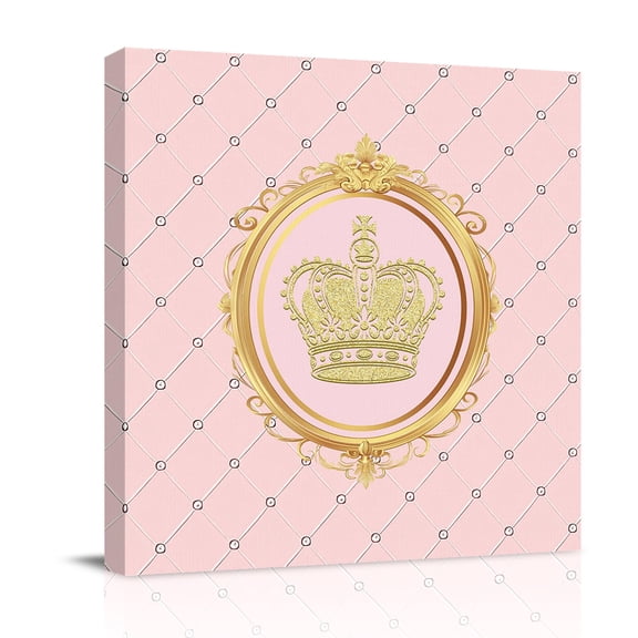 Canvas Wall Art, Golden Crown Framed Canvas Prints for Bathroom Desk, Pink Cartoon Funny Geometric Plaid Art Small Gallery Wrapped Wall Decor for Home Office, Gifts, 8"x8" Ship Next Day