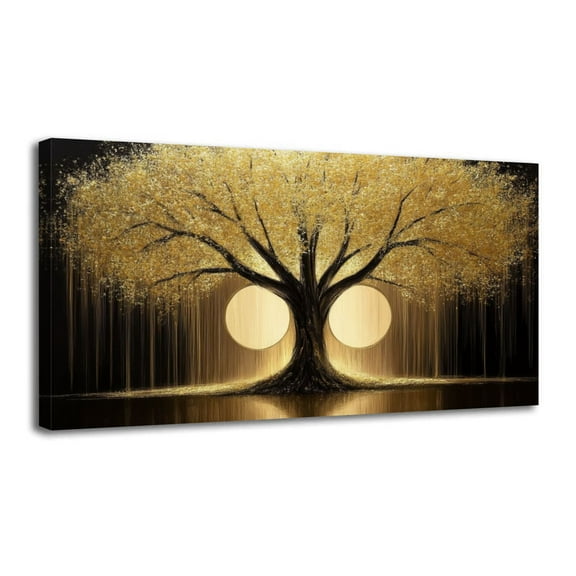 Canvas Wall Art Golden Modern Tree Golden Leaves Trunk Reflection Dappled Light Oil Wall Decor for Living Room Bathroom Bedroom Office 30" x 60" Art Paintings, Ready to Hang